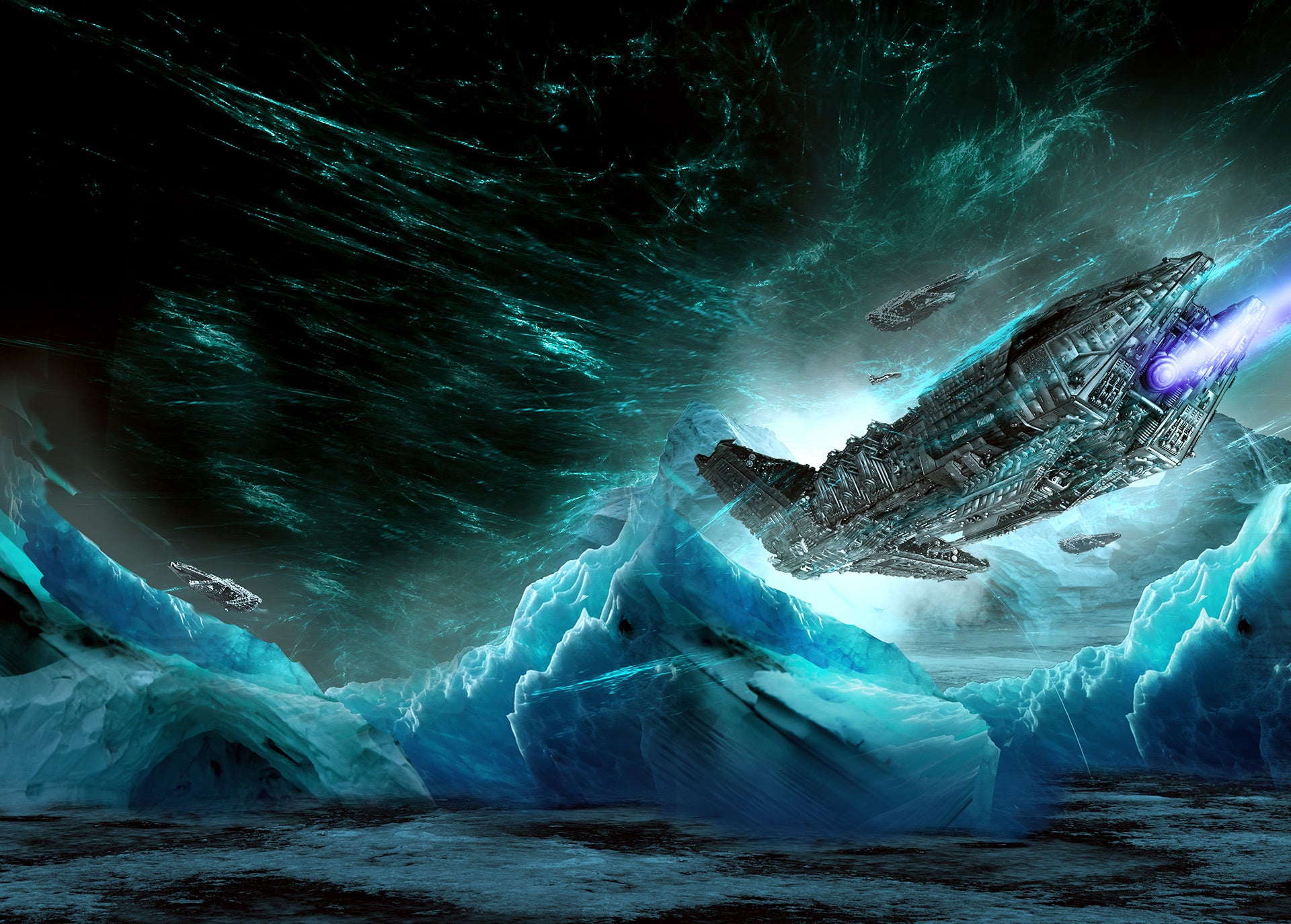 Spaceship over ice planet